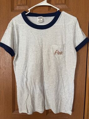 PINK Victoria's Secret Bling Light Gray Tee with Navy Trim